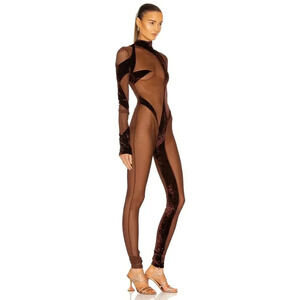 LaQuan Smith Abstract Catsuit Chocolate Brown Sheer Long Sleeve Jumpsuit